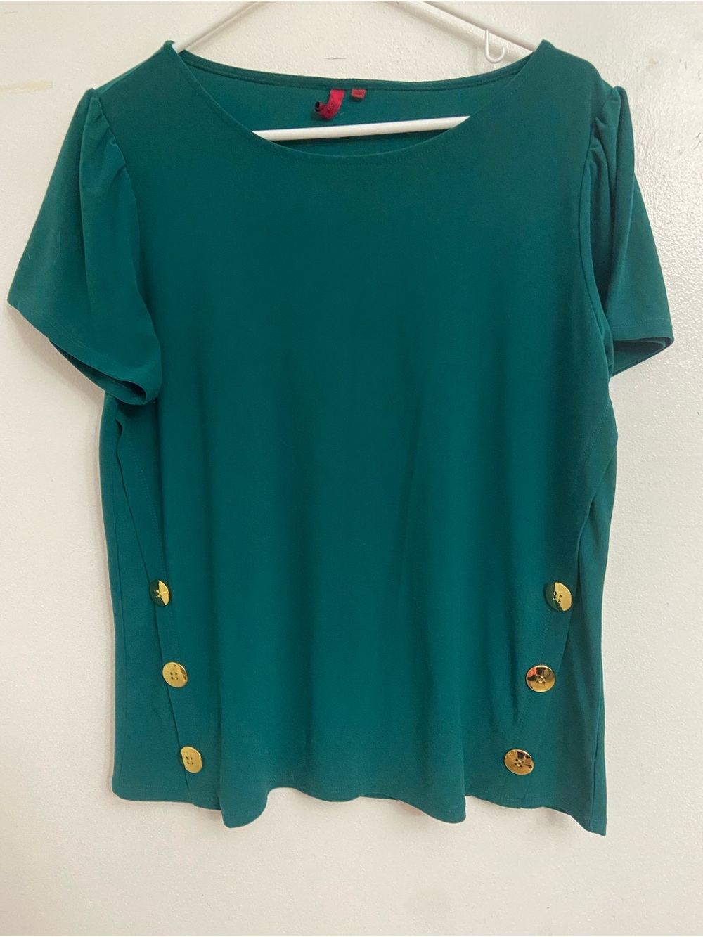 Teal Green Short Sleeve Top with Gold Button Accents Love Scarlett size L